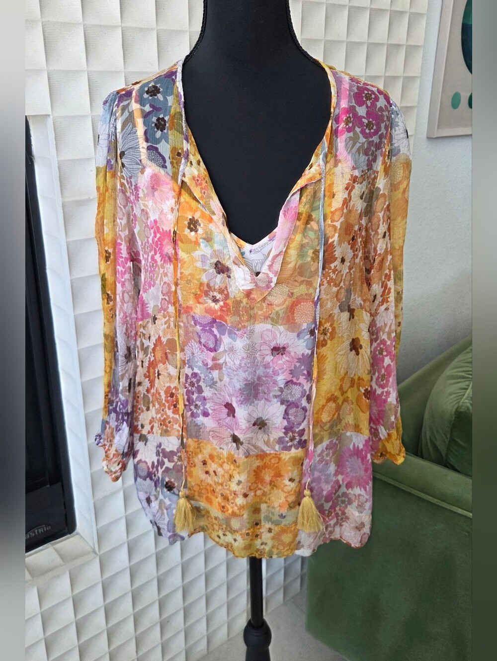 Johnny Was Becky Silk Chiffon Peasant Top Patchwork Floral Tassel Ties Small - Picture 5 of 12